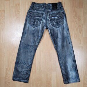 Rock Revival Pranit Jeans Mens Size 30x28 Straight Dark Denim Designer Stitch